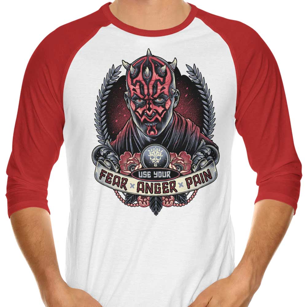 3/4 Sleeve Raglan T-Shirt Featuring the Theme of Fear, Anger, and Pain