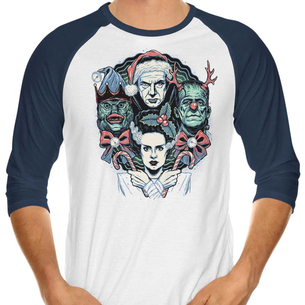 Momma Gorilla's Christmas Monsters 3/4 Sleeve Raglan Style T-Shirt for a Festive Look