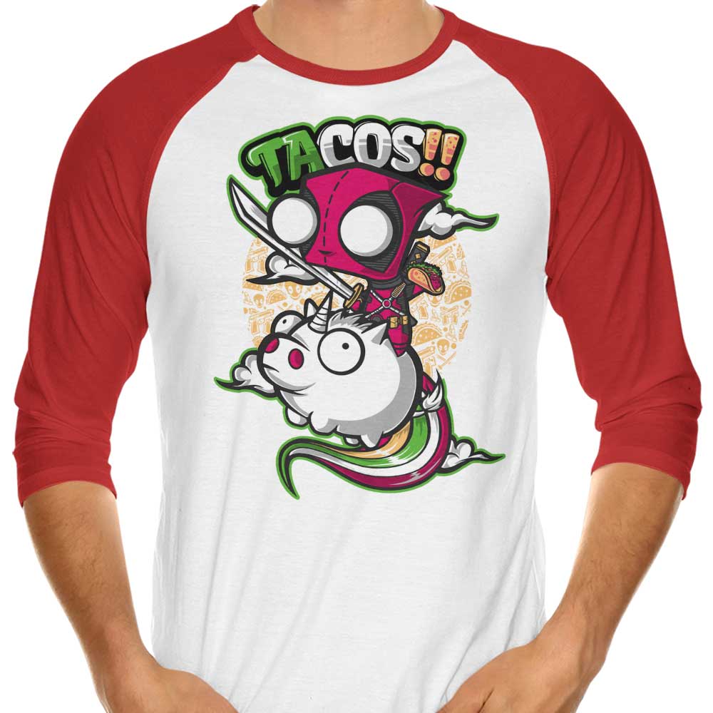Colorful 3/4 Sleeve Raglan T-Shirt Featuring Tacos and Unicorns