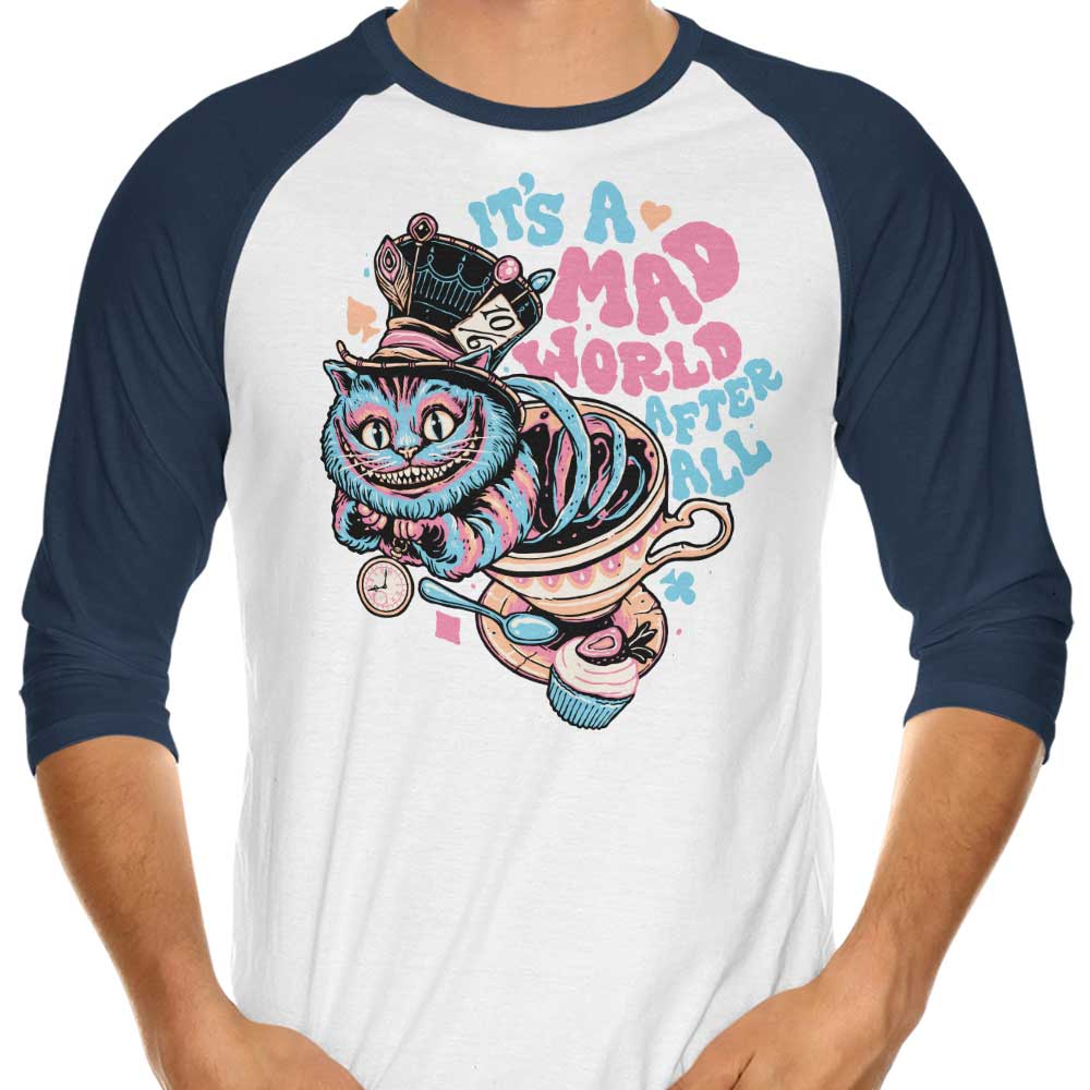 Stylish 3/4 Sleeve Raglan T-Shirt Featuring Mad World Cat Design
