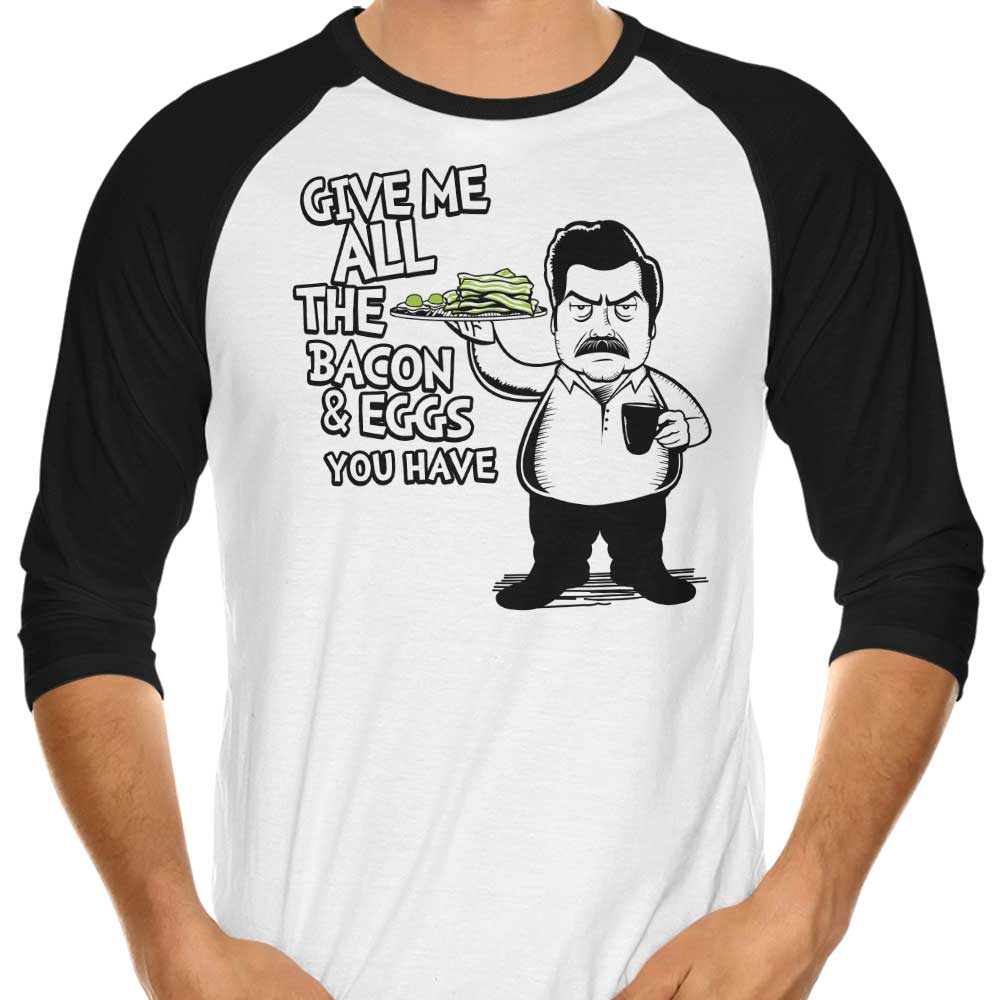 3/4 Sleeve Raglan T-Shirt Featuring Bacon and Eggs Design