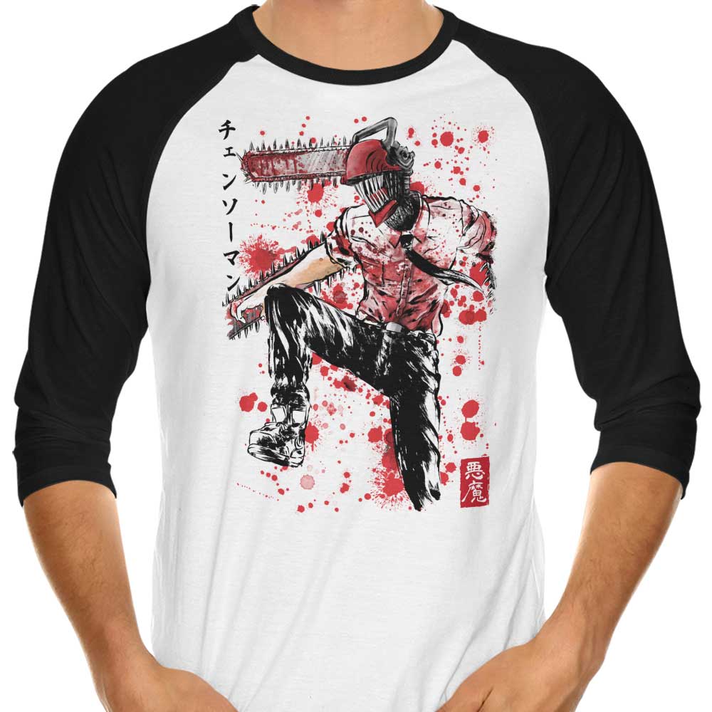 Dr. Monekers Chainsaw Sumi-e 3/4 Sleeve Raglan Casual T-Shirt