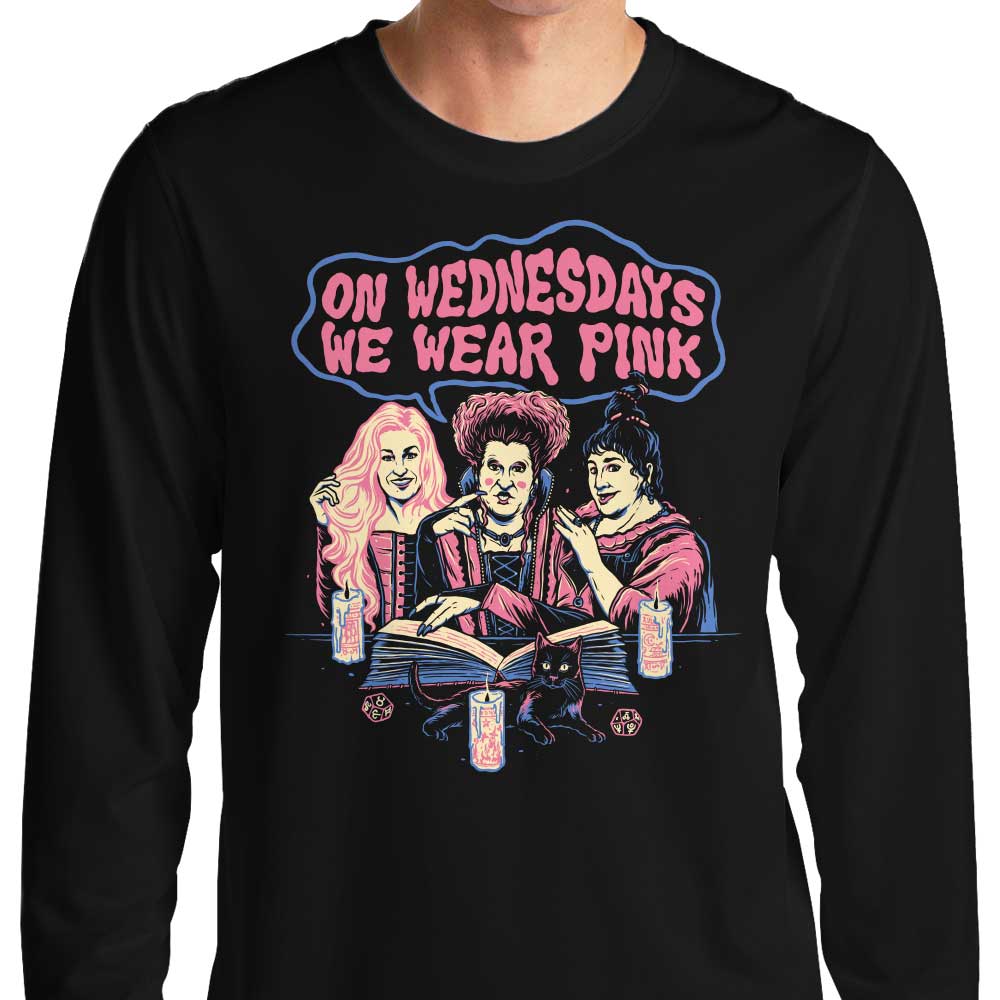 Stylish Long Sleeve Pink T-Shirt with 'Witches Wear Pink' Design by Momma Gorilla