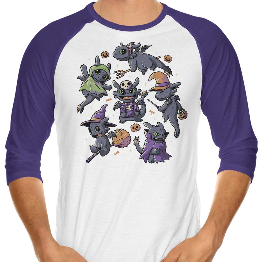Halloween-themed Dragon Print 3/4 Sleeve Raglan Style T-Shirt for All Occasions