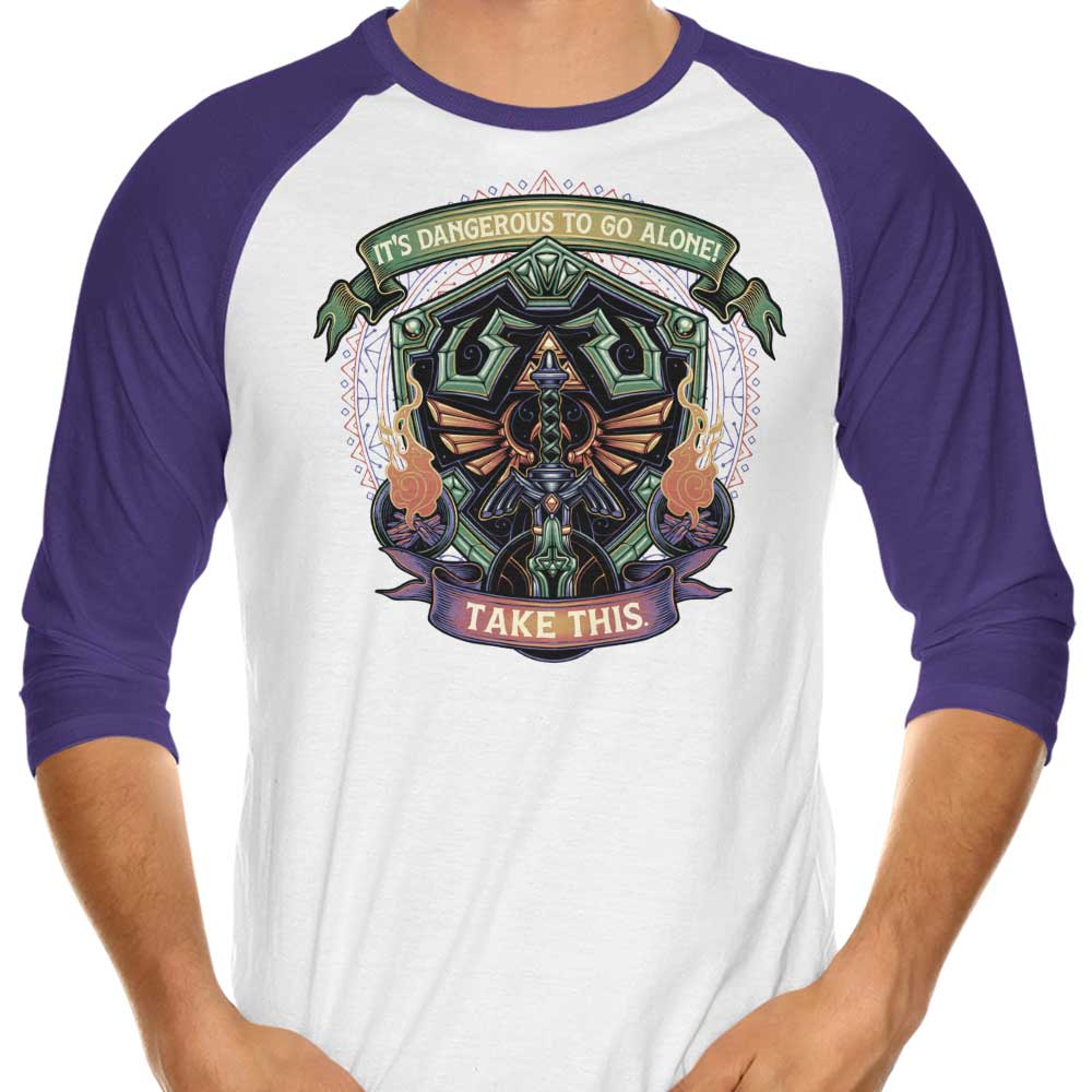 3/4 Sleeve Raglan T-Shirt Featuring Shield and Sword Design