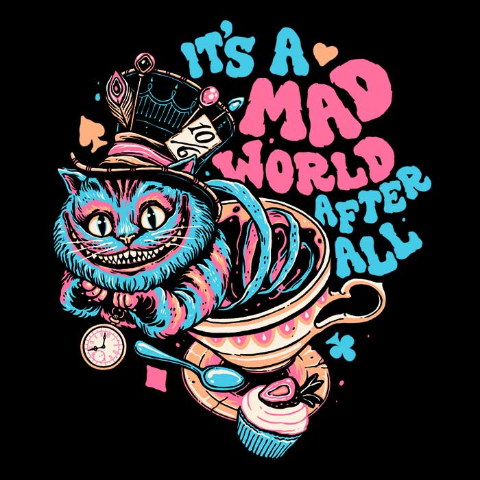 Stylish 3/4 Sleeve Raglan T-Shirt Featuring Mad World Cat Design
