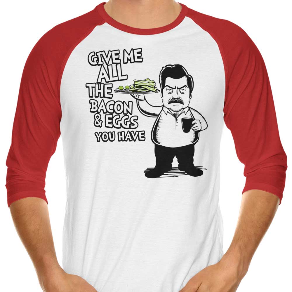 3/4 Sleeve Raglan T-Shirt Featuring Bacon and Eggs Design