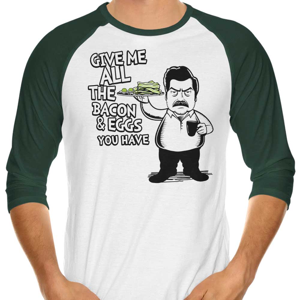3/4 Sleeve Raglan T-Shirt Featuring Bacon and Eggs Design