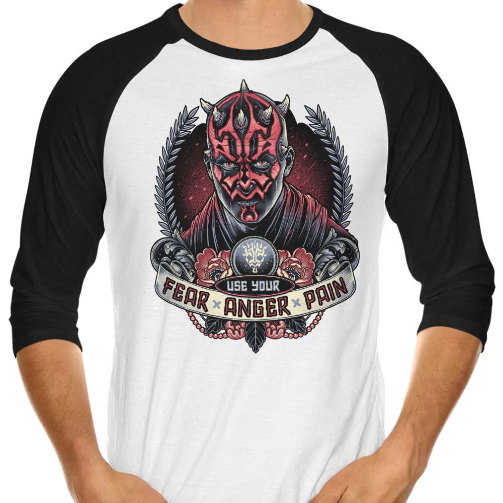 3/4 Sleeve Raglan T-Shirt Featuring the Theme of Fear, Anger, and Pain
