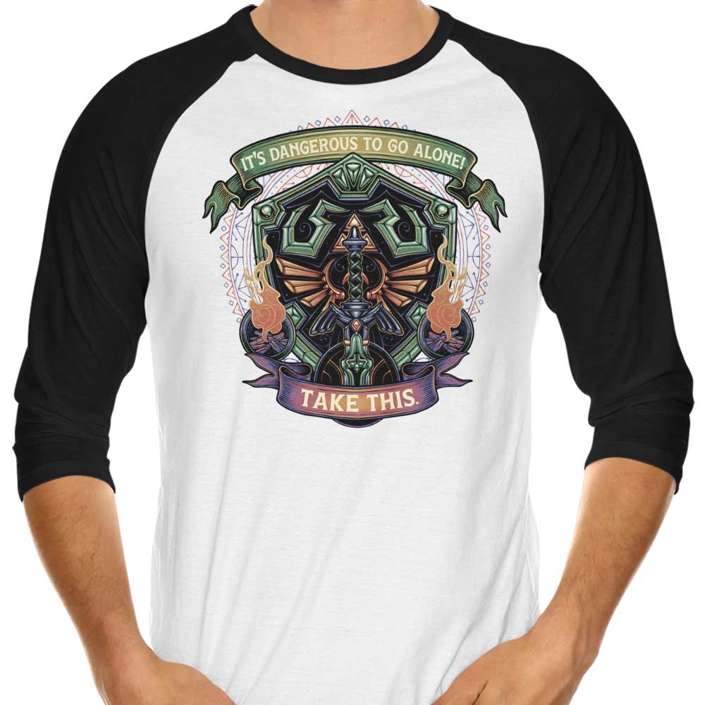 3/4 Sleeve Raglan T-Shirt Featuring Shield and Sword Design