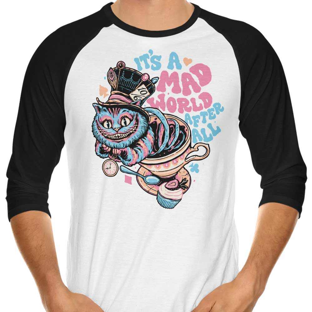 Stylish 3/4 Sleeve Raglan T-Shirt Featuring Mad World Cat Design