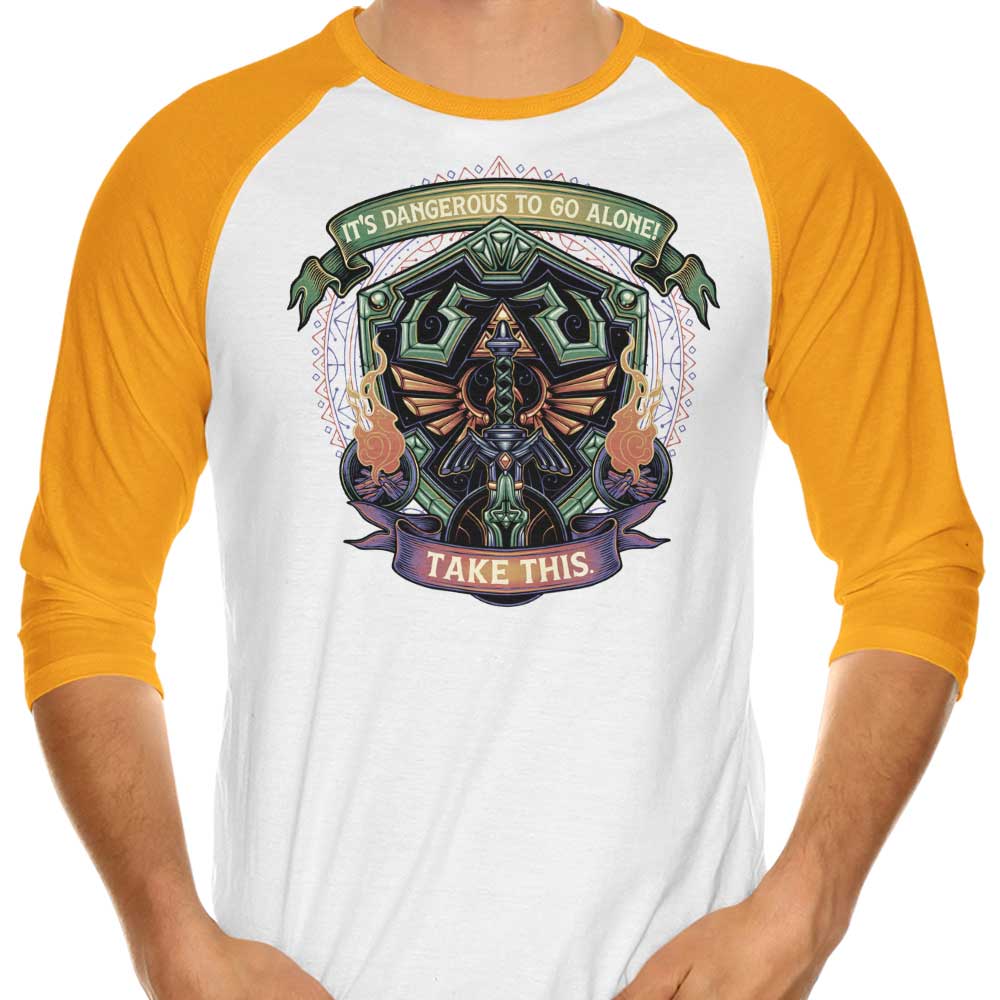3/4 Sleeve Raglan T-Shirt Featuring Shield and Sword Design