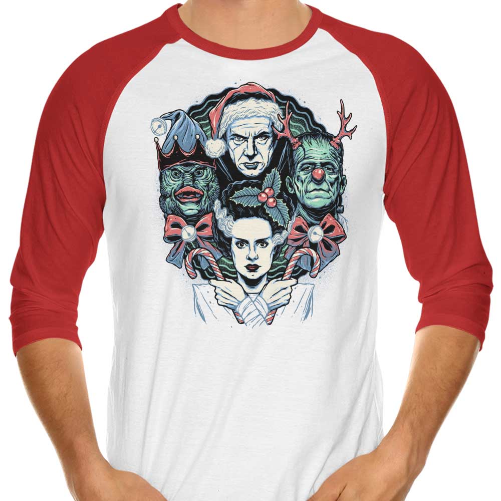 Momma Gorilla's Christmas Monsters 3/4 Sleeve Raglan Style T-Shirt for a Festive Look