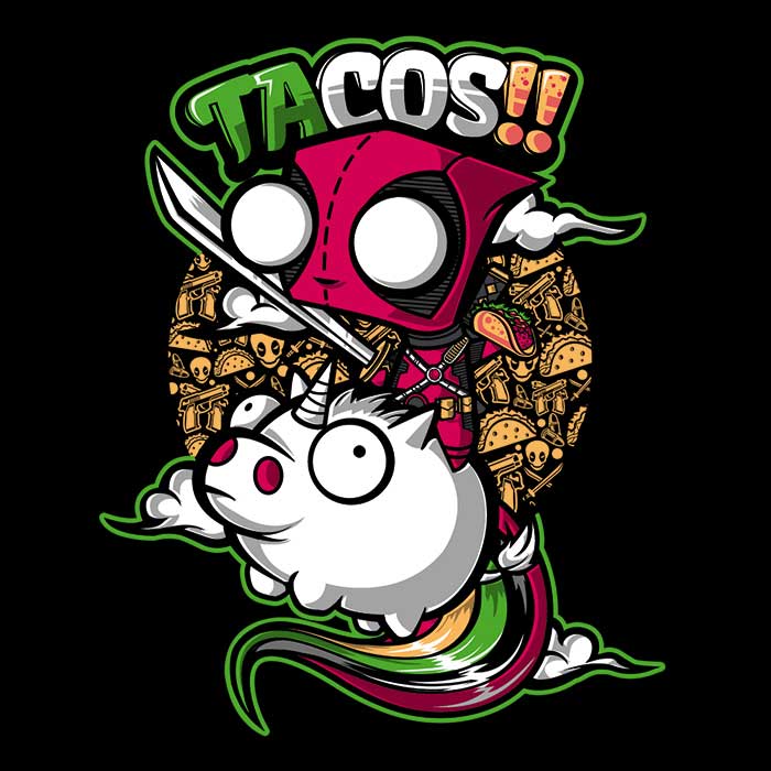 Colorful 3/4 Sleeve Raglan T-Shirt Featuring Tacos and Unicorns