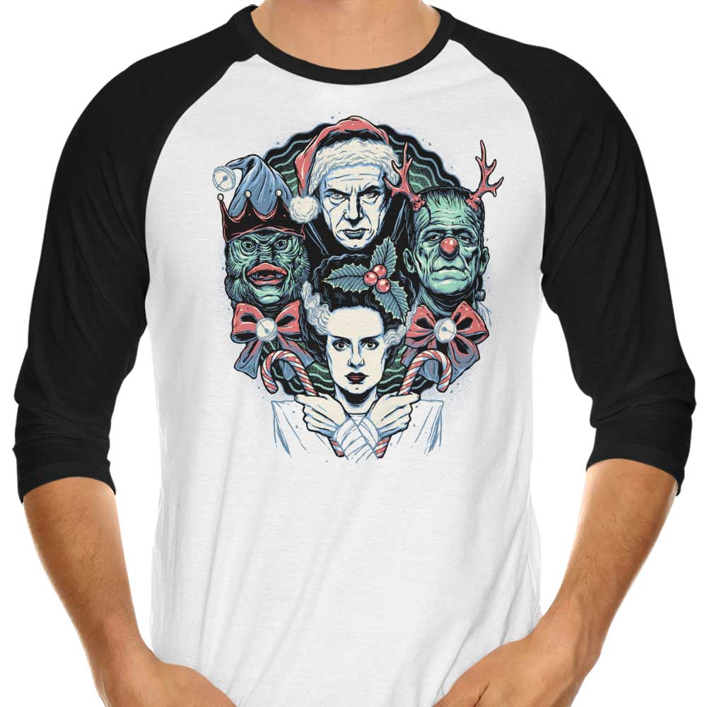 Momma Gorilla's Christmas Monsters 3/4 Sleeve Raglan Style T-Shirt for a Festive Look