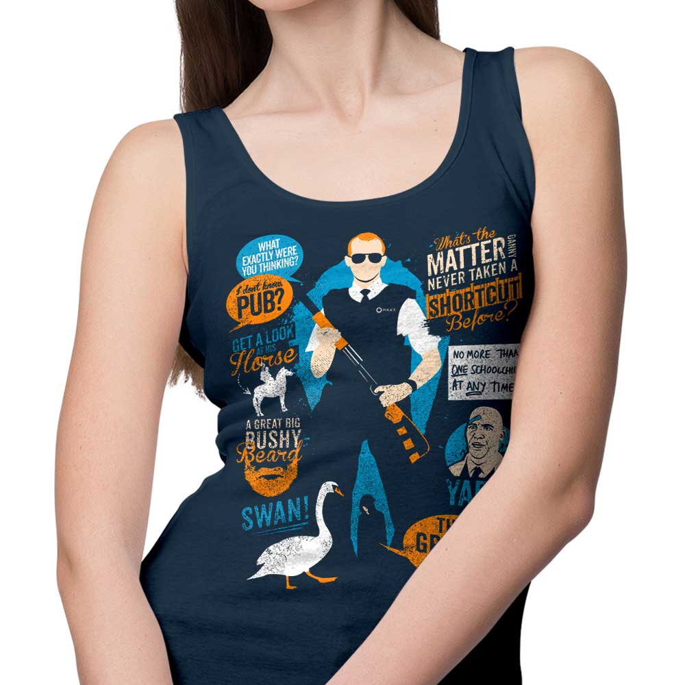 Stylish Tank Tops Featuring Quotes from the Movie Hot Fuzz