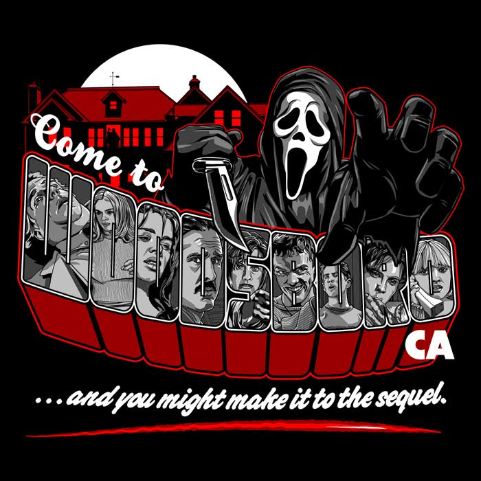 Men's V-Neck T-Shirt with 'Come to Woodsboro' Design