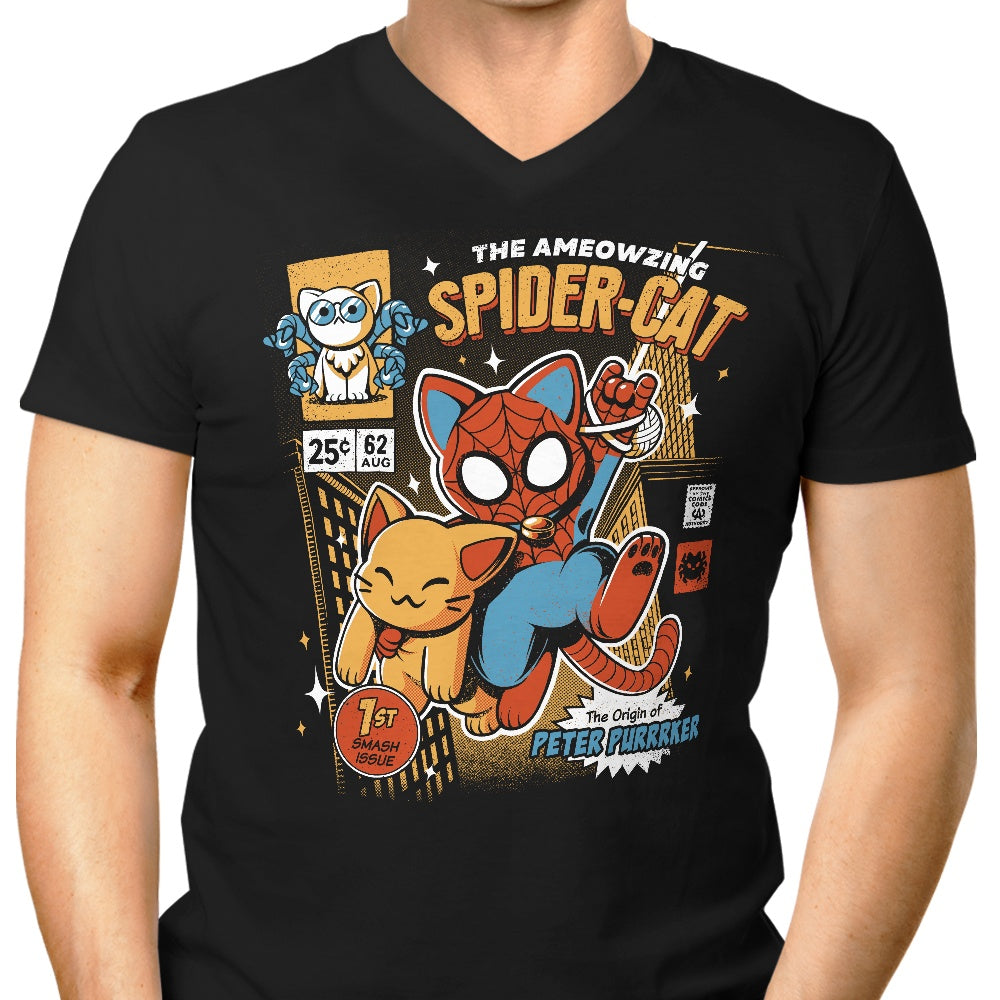 Men's Stylish V-Neck Spider Cat T-Shirt