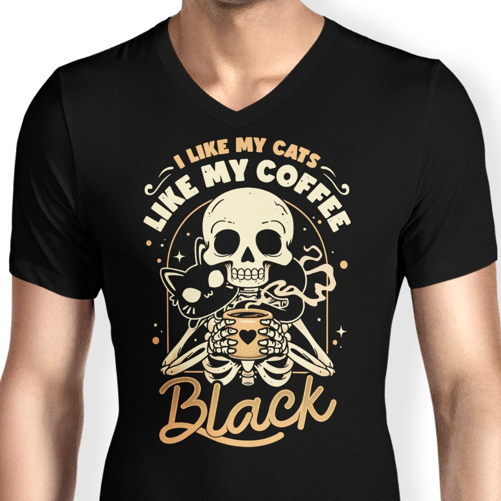 Men's Stylish V-Neck T-Shirt Featuring Cats and Coffee
