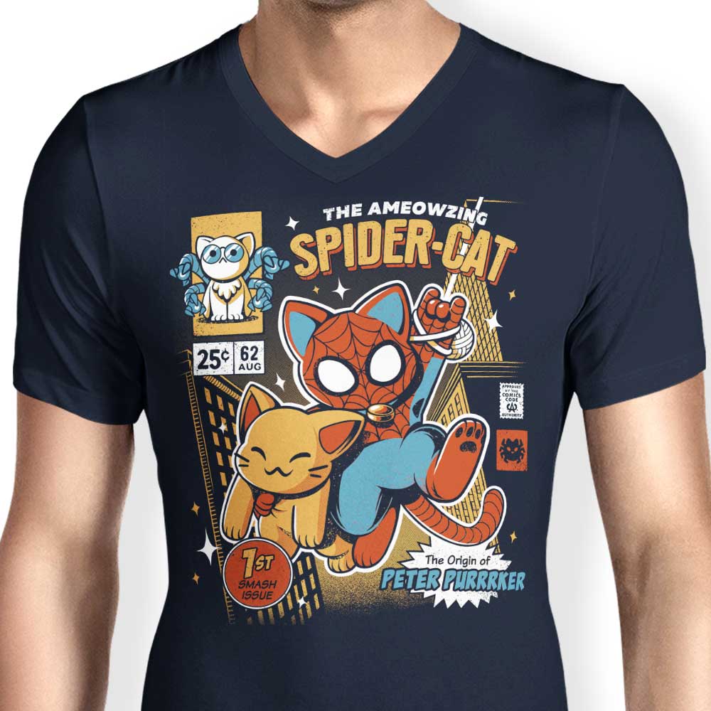 Men's Stylish V-Neck Spider Cat T-Shirt