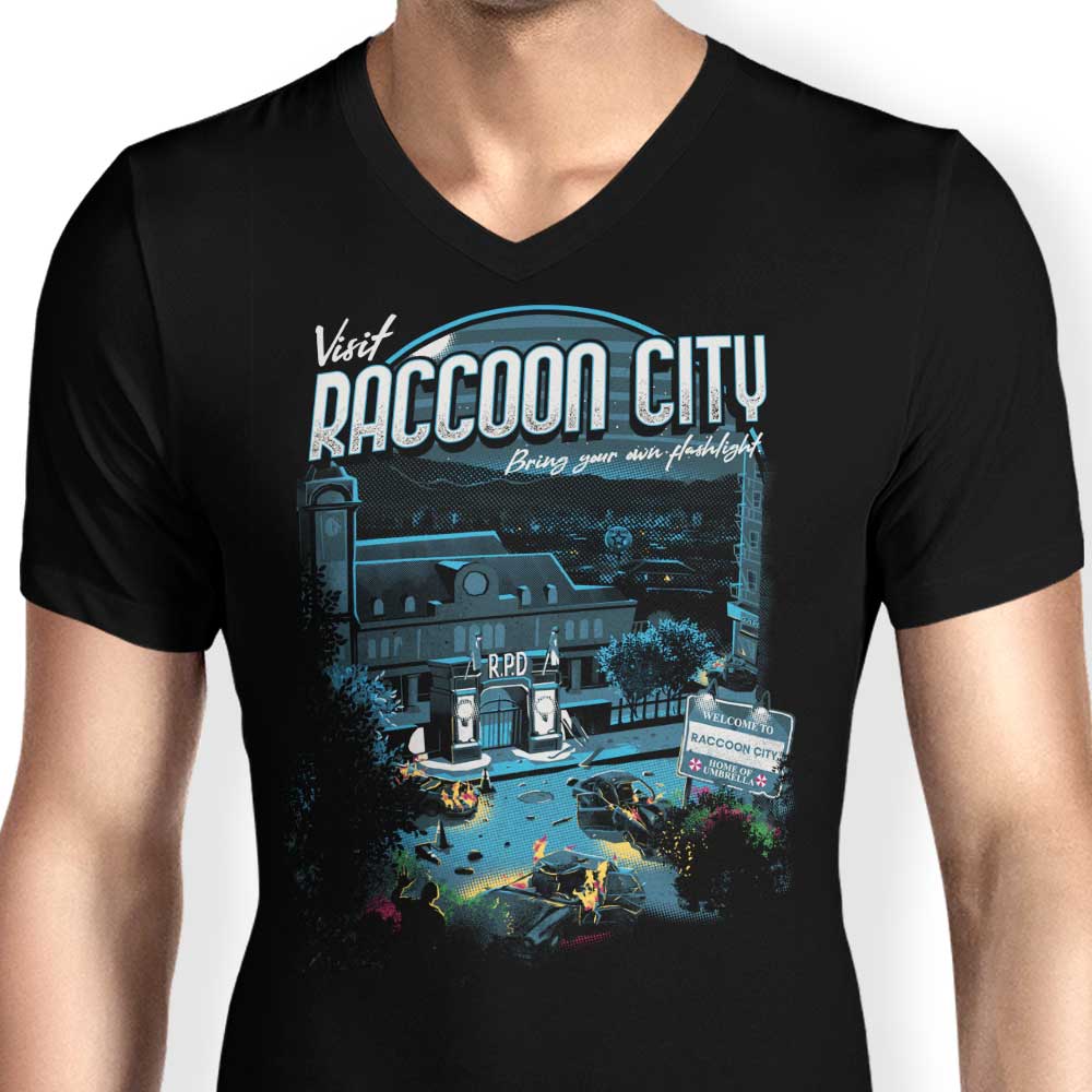 Men's V-Neck T-Shirt - Visit Raccoon City Design