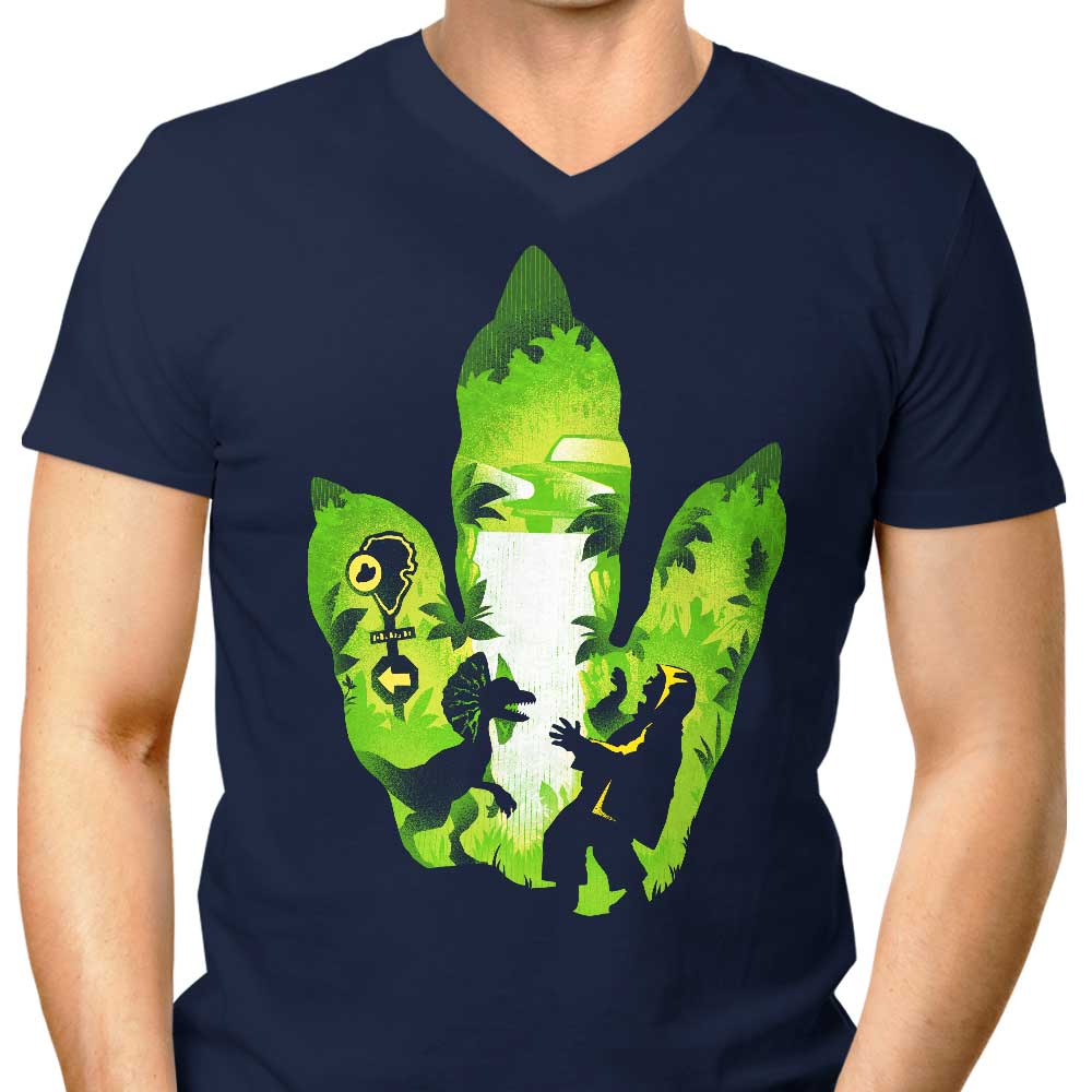 Men's V-Neck T-Shirt with Dilophosaurus Footprint Design