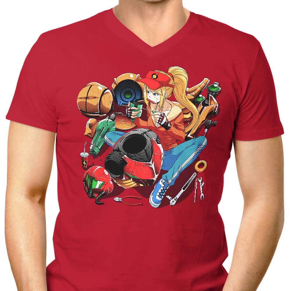Men's V-Neck T-Shirt with Samus Repairing Design