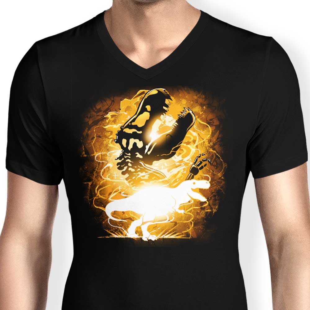 Men's V-Neck T-Shirt with Tyrannosaurus Rex Silhouette Design