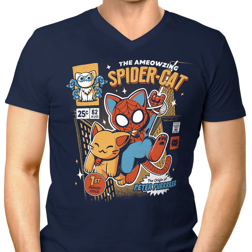 Men's Stylish V-Neck Spider Cat T-Shirt