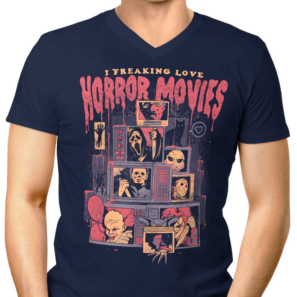 Men's Stylish V-Neck T-Shirt That Expresses 'I Totally Adore Horror Movies'