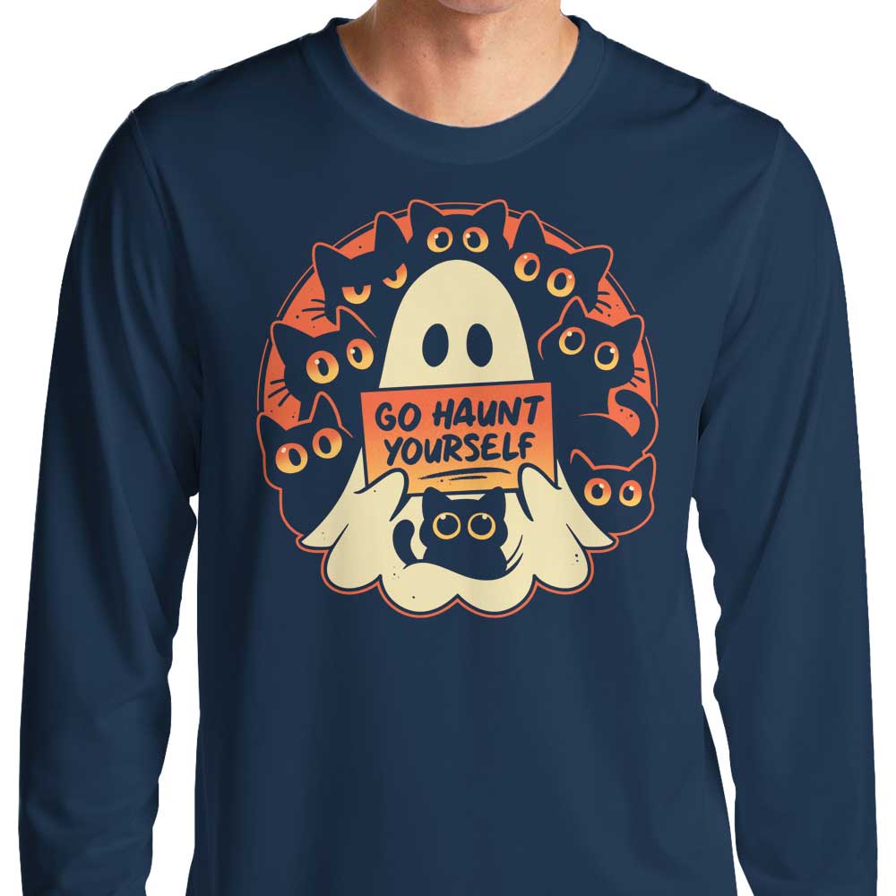 Spooky 'Go Haunt Yourself' Long Sleeve Cotton T-Shirt for a Chilling Look
