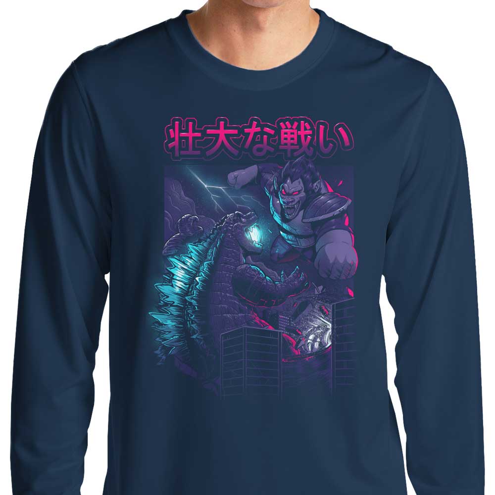 Epic Kaiju Battle Themed Long Sleeve T-Shirt for Fashion Enthusiasts