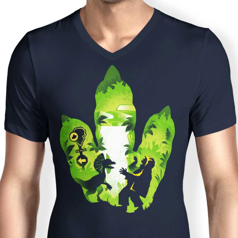 Men's V-Neck T-Shirt with Dilophosaurus Footprint Design