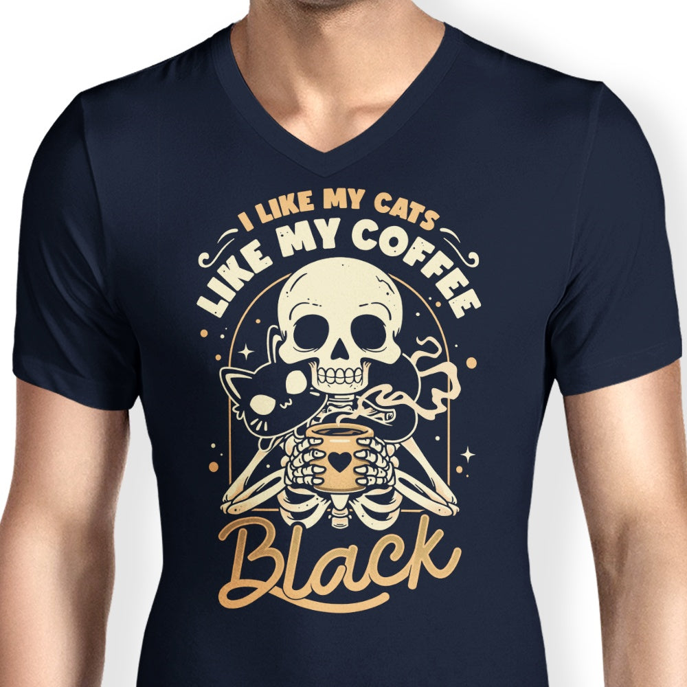 Men's Stylish V-Neck T-Shirt Featuring Cats and Coffee