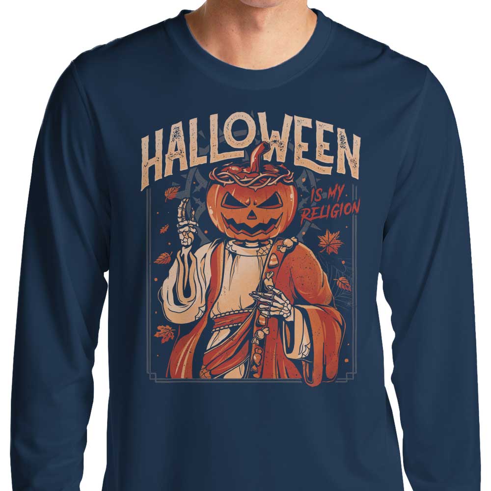 Spooky Halloween-Themed Long Sleeve T-Shirt - 'Halloween is My Religion'