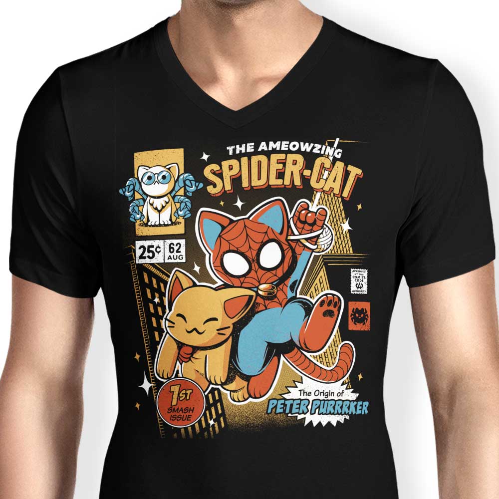 Men's Stylish V-Neck Spider Cat T-Shirt