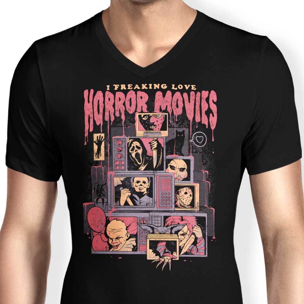 Men's Stylish V-Neck T-Shirt That Expresses 'I Totally Adore Horror Movies'