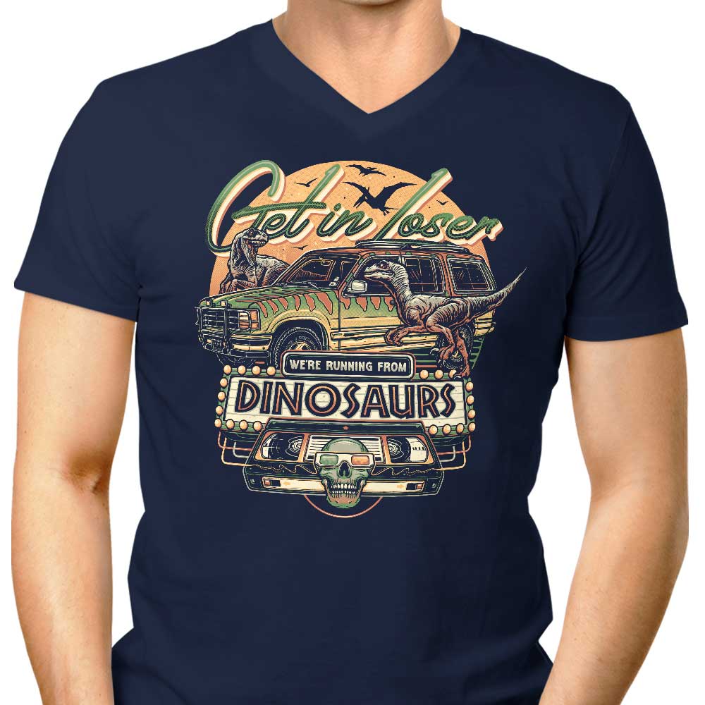 Men's Stylish V-Neck T-Shirt with 'We're Running from Dinosaurs' Design
