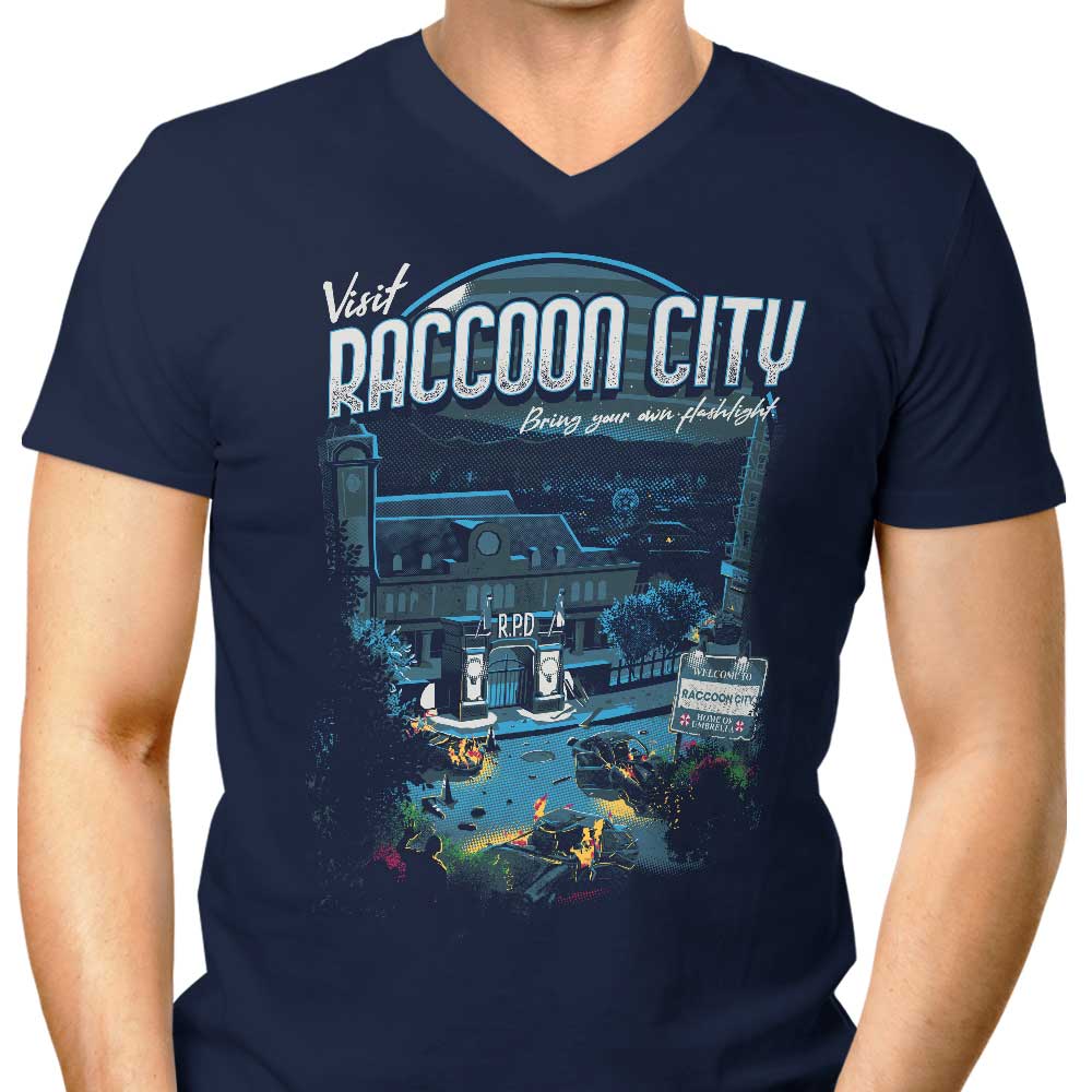 Men's V-Neck T-Shirt - Visit Raccoon City Design