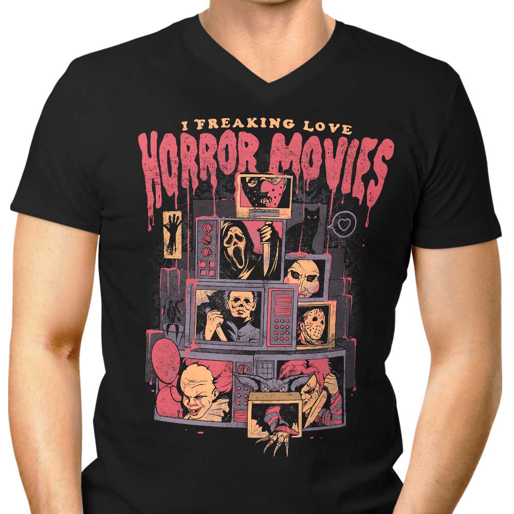 Men's Stylish V-Neck T-Shirt That Expresses 'I Totally Adore Horror Movies'
