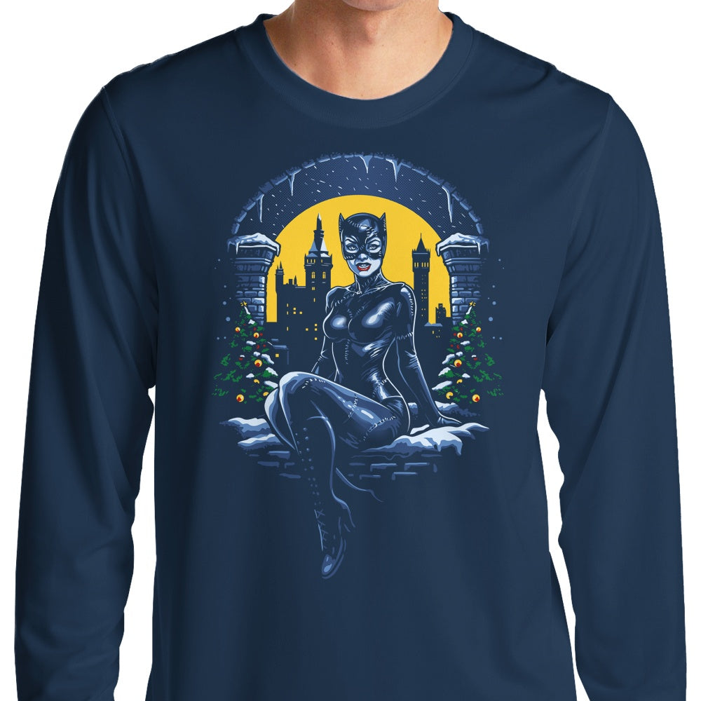 Festive Christmas Kitty Design Long Sleeve Cotton T-Shirt for Casual Wear