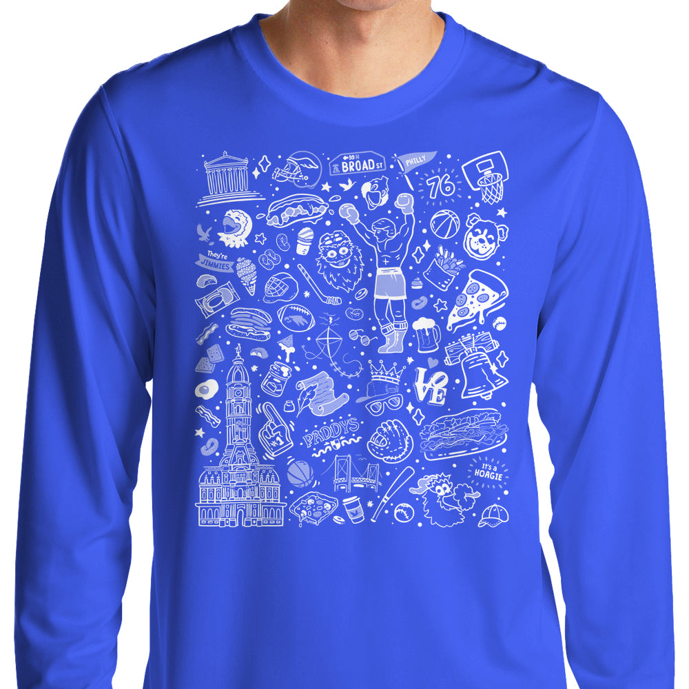 Long Sleeve Blue T-Shirt Featuring Philly Icons