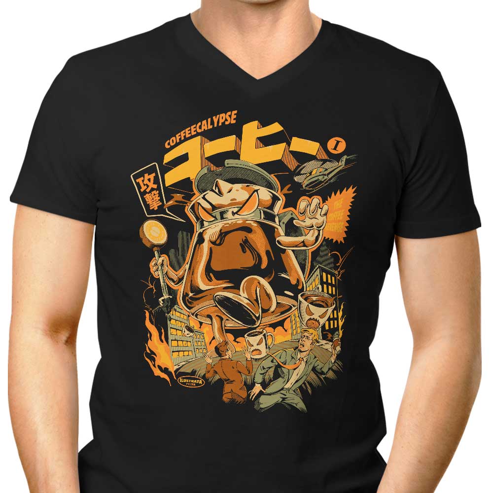 Men's V-Neck Coffee-themed T-shirt: Coffeecalypse
