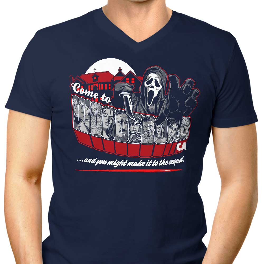 Men's V-Neck T-Shirt with 'Come to Woodsboro' Design