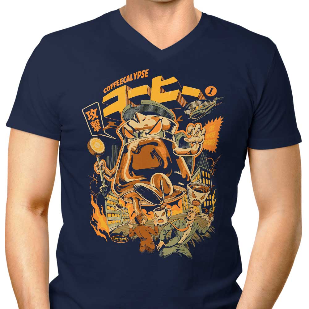 Men's V-Neck Coffee-themed T-shirt: Coffeecalypse