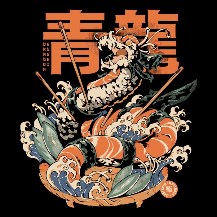 Dragon Sushi Design Long Sleeve Crewneck T-Shirt for All Sizes