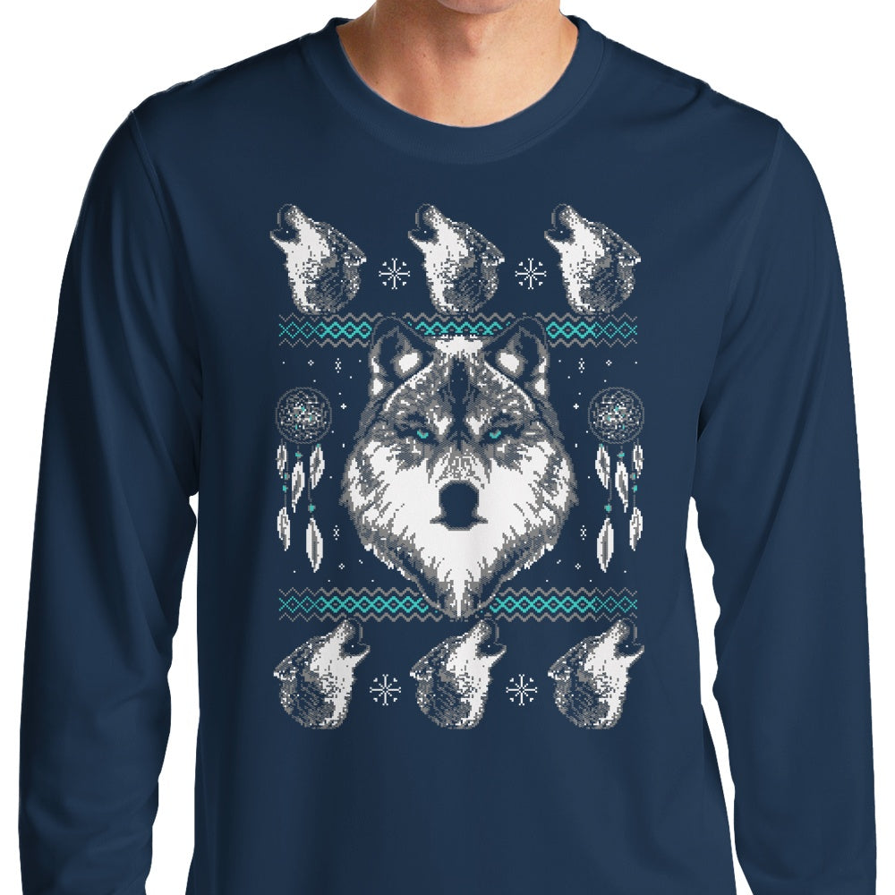 Merry Wolfmas Festive Long Sleeve Cotton-Polyester T-Shirt
