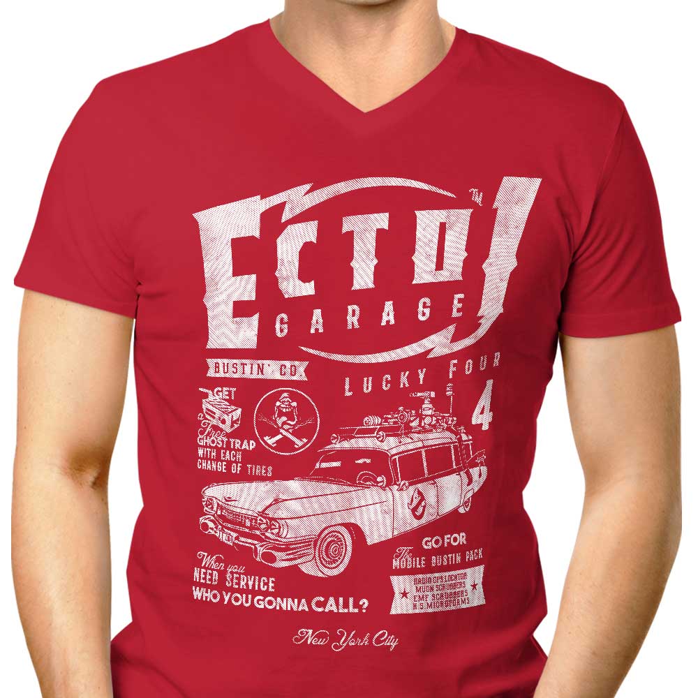 Men's Stylish V-Neck T-Shirt Inspired by Ecto-1 Garage