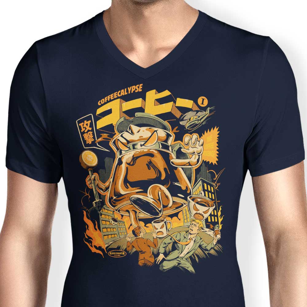 Men's V-Neck Coffee-themed T-shirt: Coffeecalypse