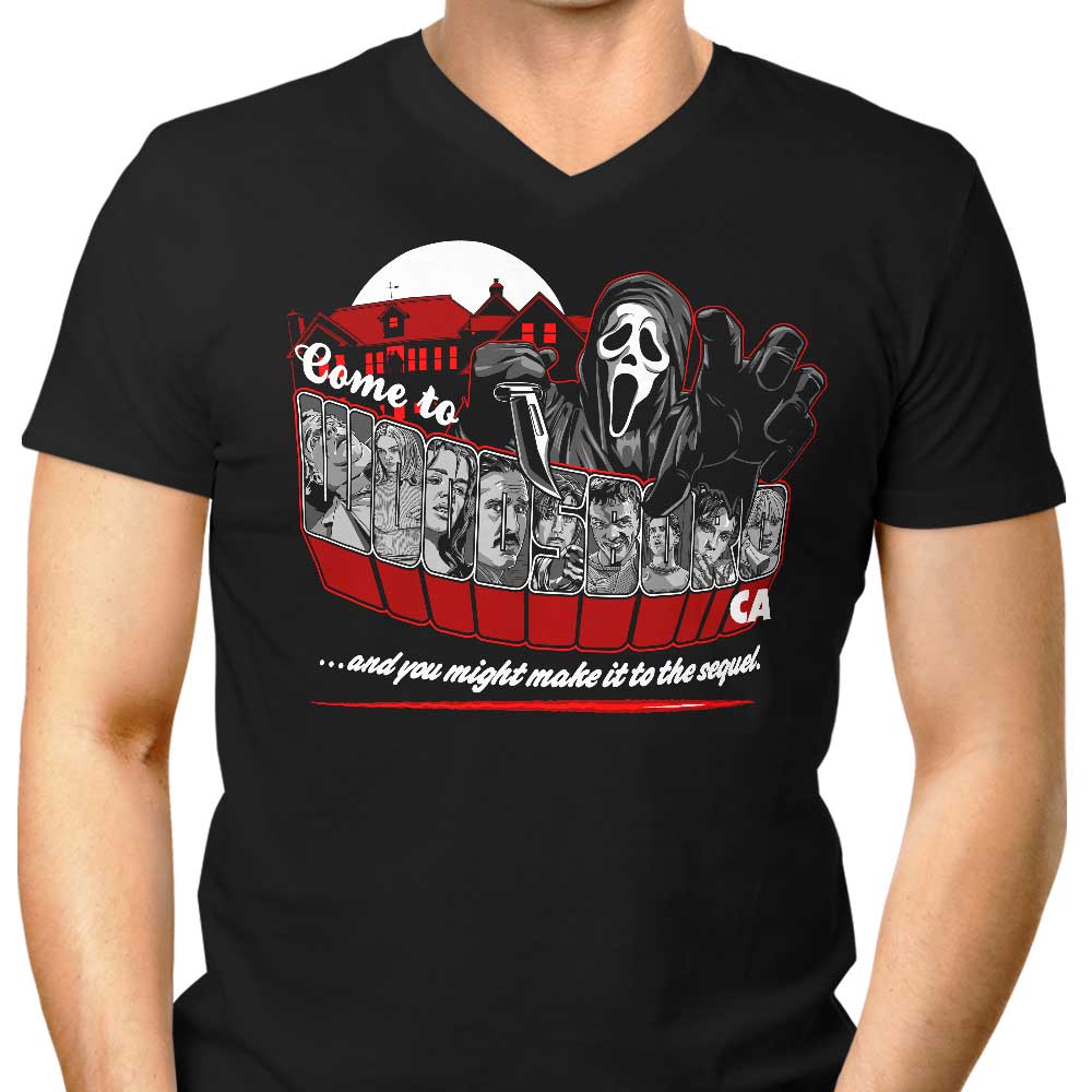 Men's V-Neck T-Shirt with 'Come to Woodsboro' Design